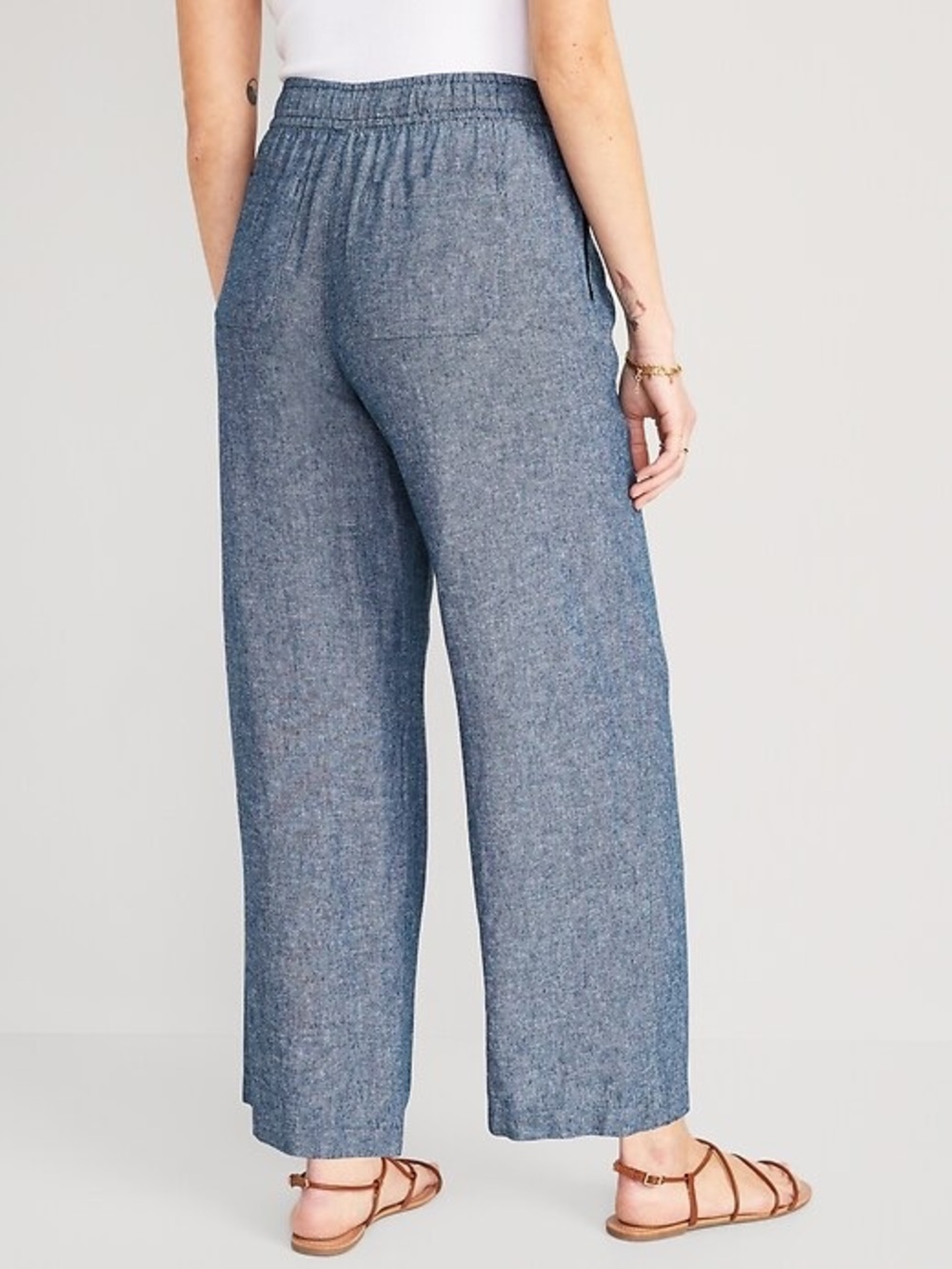 Old Navy Wide Leg Linen Blend Pants Relaxed High Rise Pull On Chambray Blue